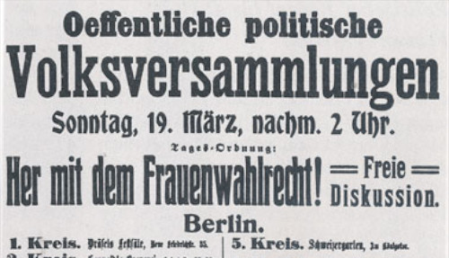 Veranstaltungsankündigungen der SPD zur Forderung nach dem Frauenwahlrecht, ca. 1908